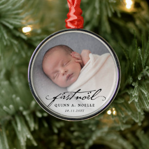 Classic Vintage Black Script Baby First Noel Photo Metal Ornament