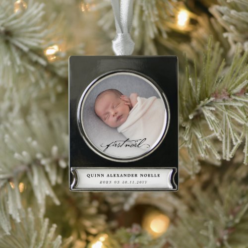 Classic Vintage Black Script Baby First Noel Photo Silver Plated Banner Ornament