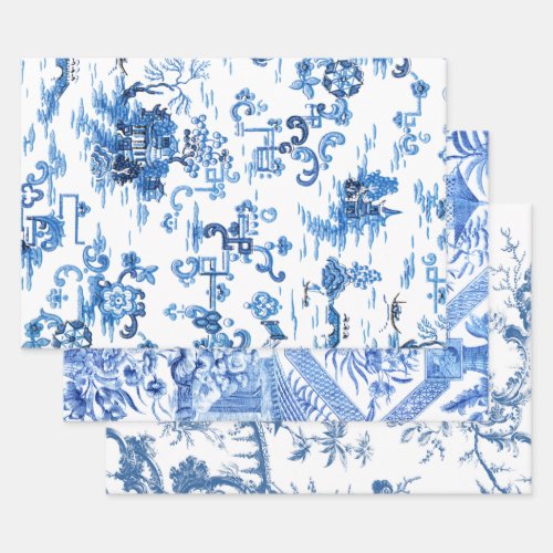 Classic Vintage Blue and White Pagoda Chinoiserie Wrapping Paper Sheets