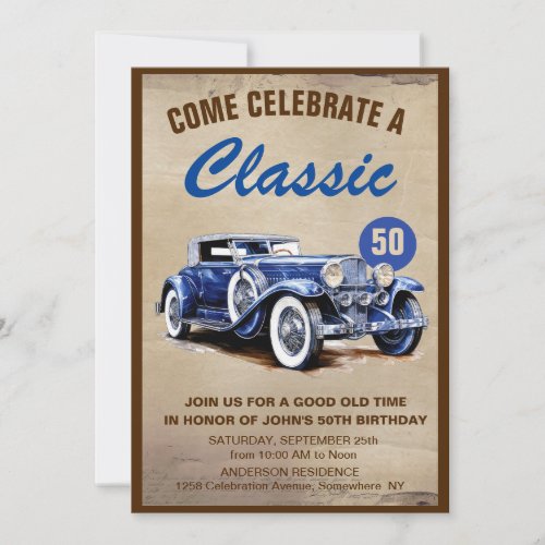 Classic Vintage Blue Car Fifty Birthday  Invitation