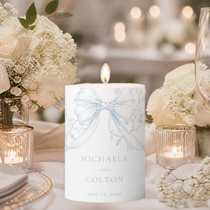 Classic Vintage Blue Floral Wreath Wedding Pillar Candle