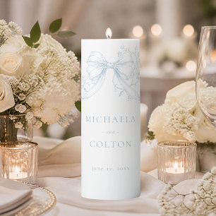 Classic Vintage Blue Floral Wreath Wedding Pillar Candle