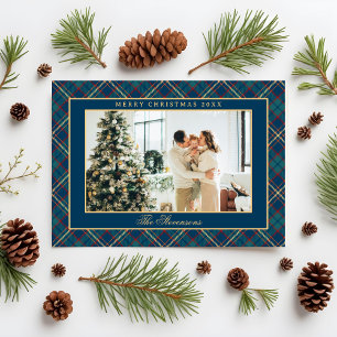 Classic Vintage Blue Plaid Crest Photo Christmas Holiday Card