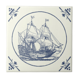 Classic Vintage Blue Sea Sailing Ship on Ivory Ceramic Tile