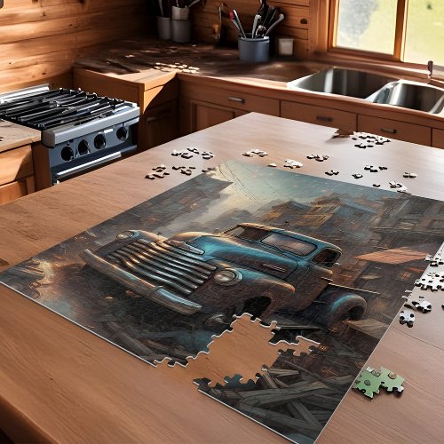 Classic Vintage Blue Truck Fantasy Art Rustic Town Jigsaw Puzzle