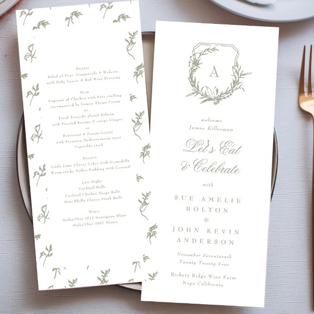 classic vintage botanical crest sage green wedding menu (Creator Uploaded)
