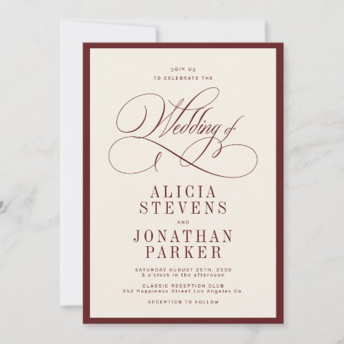 Classic vintage burgundy ivory old money wedding invitation