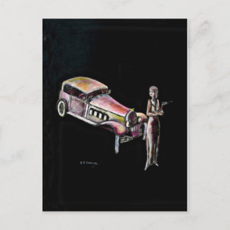 classic vintage car and 1920s style art deco lady postcard