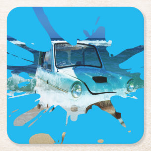 Classic Vintage Car Beachy Pop Art, Square Paper Coaster