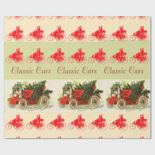 CLASSIC,VINTAGE CARS,CHRISTMAS TREE AND BELLS Red Wrapping Paper