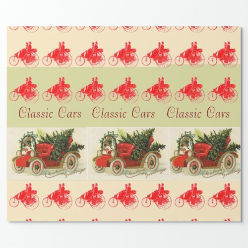 CLASSICVINTAGE CARSCHRISTMAS TREE AND BELLS Red Wrapping Paper