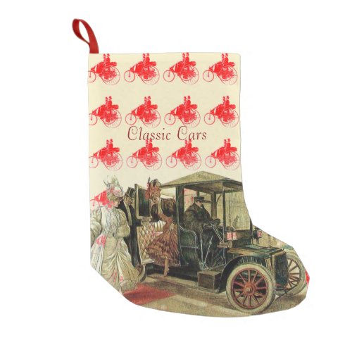 CLASSIC VINTAGE CARS WITH ELEGANT LADIES Red Small Christmas Stocking