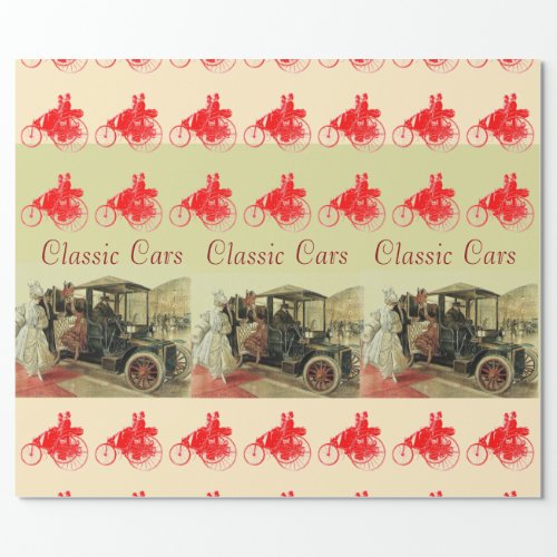 CLASSIC VINTAGE CARS WITH ELEGANT LADIES Red Wrapping Paper