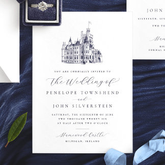 Classic Vintage Castle Illustration Script Wedding Invitation