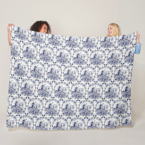 Classic Vintage Chic Dutch Windmill Delft Blue Fleece Blanket