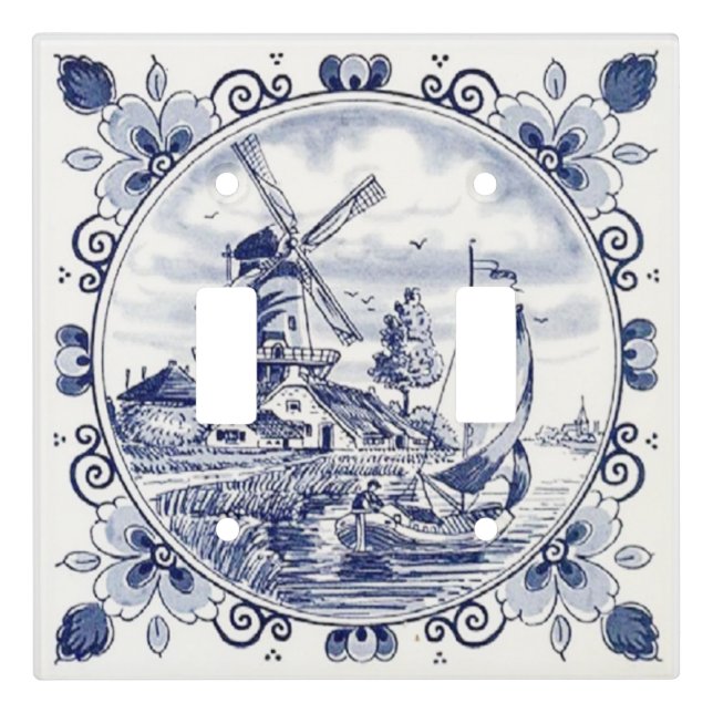 Classic Vintage Chic Dutch Windmill Delft Blue Light Switch Cover (Front)