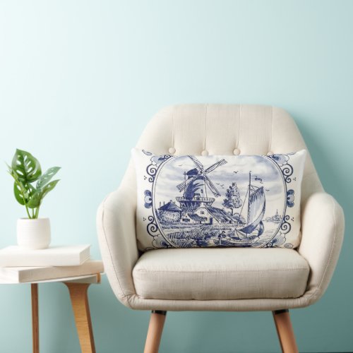 Classic Vintage Chic Dutch Windmill Delft Blue Lumbar Pillow