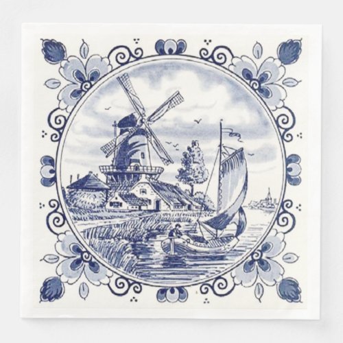 Classic Vintage Chic Dutch Windmill Delft Blue Paper Dinner Napkins
