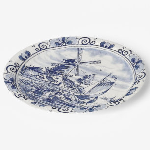 Classic Vintage Chic Dutch Windmill Delft Blue Paper Plates