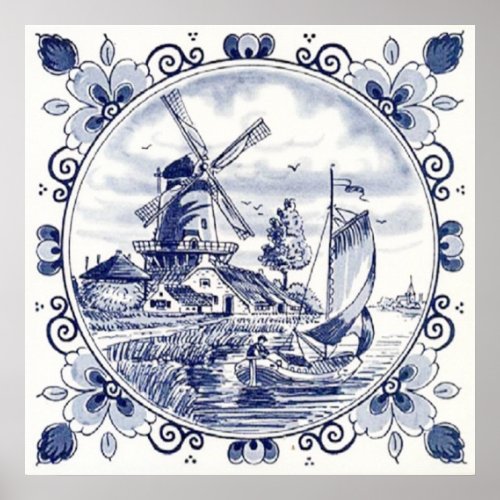Classic Vintage Chic Dutch Windmill Delft Blue Poster