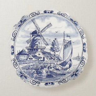 Classic Vintage Chic Dutch Windmill Delft Blue Round Pillow