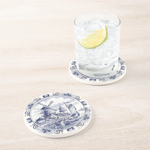 Classic Vintage Chic Dutch Windmill Delft Blue Sandstone Coaster