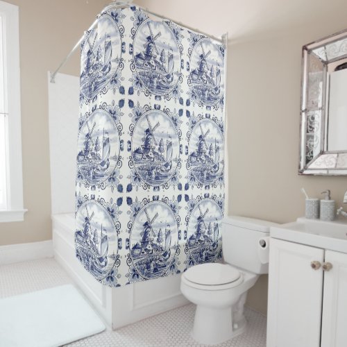 Classic Vintage Chic Dutch Windmill Delft Blue Shower Curtain