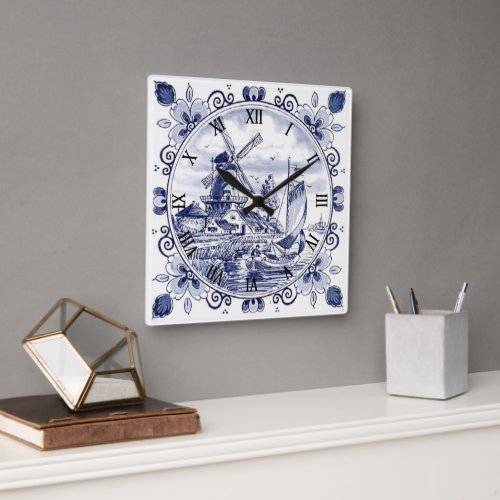 Classic Vintage Chic Dutch Windmill Delft Blue Square Wall Clock