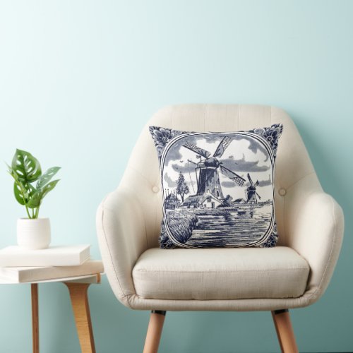 Classic Vintage Chic Dutch Windmill Delft Blue Throw Pillow