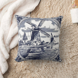 Classic Vintage Chic Dutch Windmill Delft Blue Throw Pillow