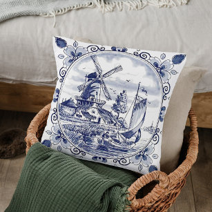Classic Vintage Chic Dutch Windmill Delft Blue Throw Pillow
