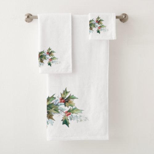 Classic Vintage Christmas Holly Floral Bath Towel Set