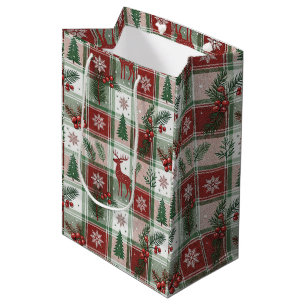 Classic Vintage Christmas Plaid & Holly Pattern Medium Gift Bag