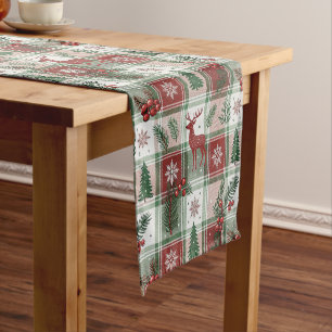 Classic Vintage Christmas Plaid & Holly Pattern Short Table Runner