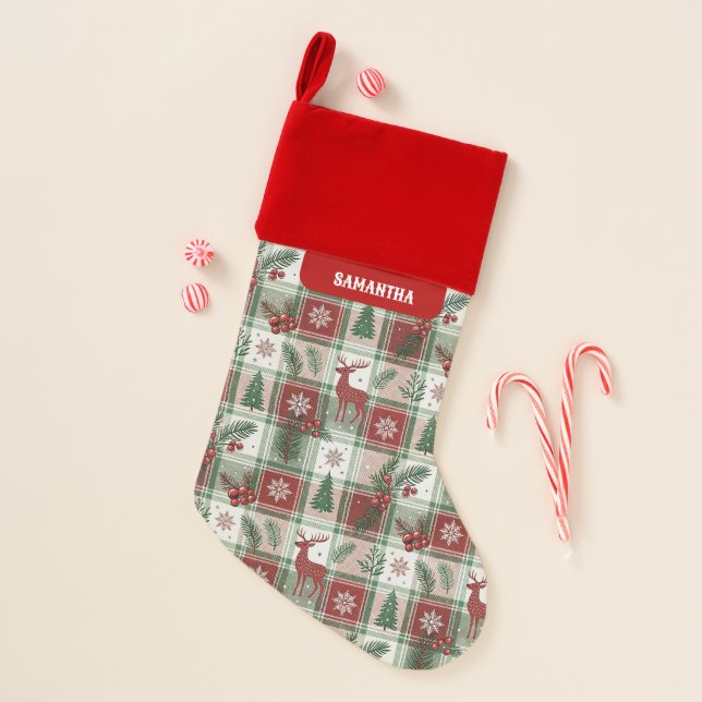 Classic Vintage Christmas Plaid & Holly Pattern Stocking (Front)