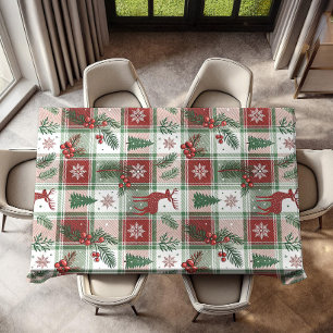 Classic Vintage Christmas Plaid & Holly Pattern Tablecloth