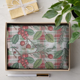 Classic Vintage Christmas Plaid & Holly Pattern Tissue Paper