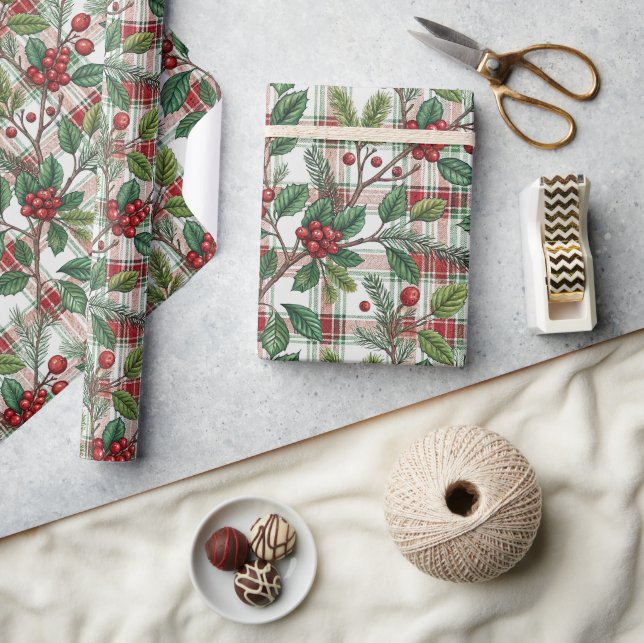Classic Vintage Christmas Plaid & Holly Pattern Wrapping Paper (Crafts)