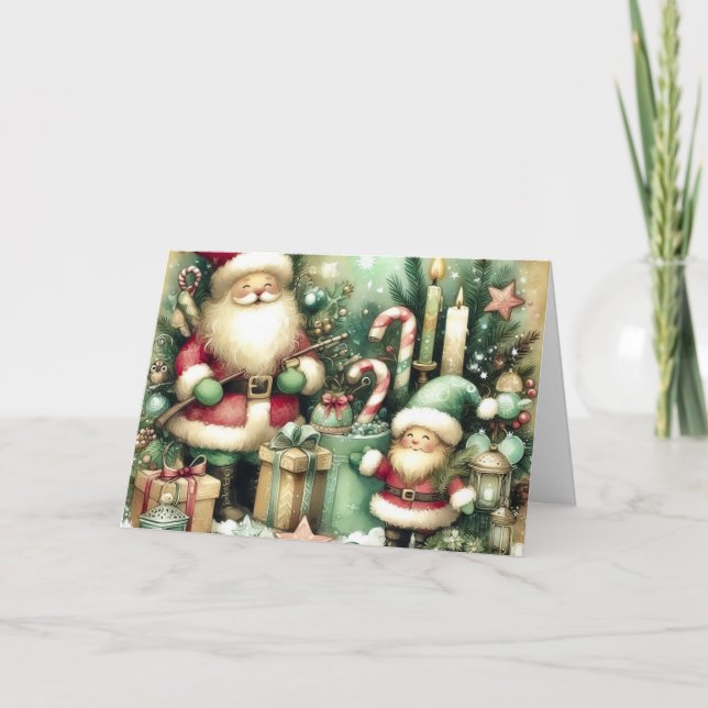 Classic Vintage Christmas Santa & Elf Blank  Holiday Card (Front)