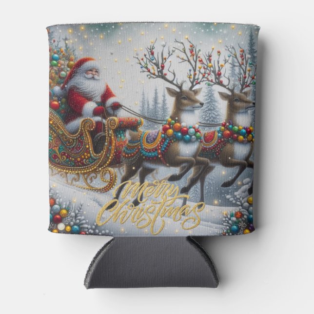 Classic/Vintage Christmas Santa & reindeer  Can Cooler (Front)