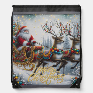 Classic/Vintage Christmas Santa & reindeer Drawstring Bag