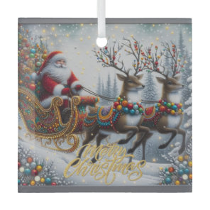 Classic/Vintage Christmas Santa & reindeer  Glass Ornament