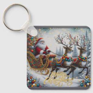 Classic/Vintage Christmas Santa & reindeer Keychain