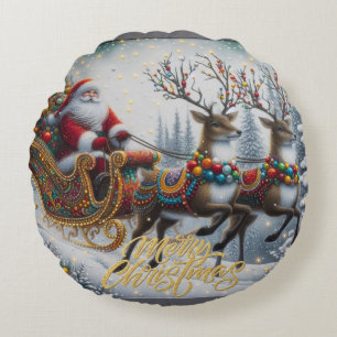 Classic/Vintage Christmas Santa & reindeer Round Pillow