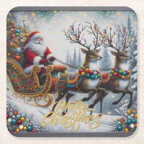 Classic/Vintage Christmas Santa & reindeer  Square Paper Coaster