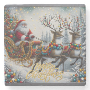 Classic/Vintage Christmas Santa & reindeer  Stone Coaster