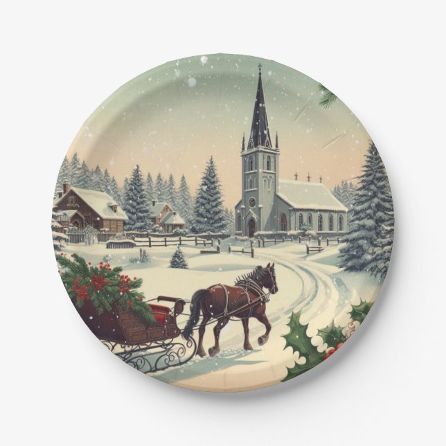 Classic/Vintage Christmas scene  Paper Plates (Front)