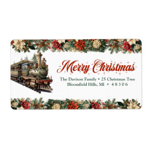 Classic vintage Christmas train red and green Label