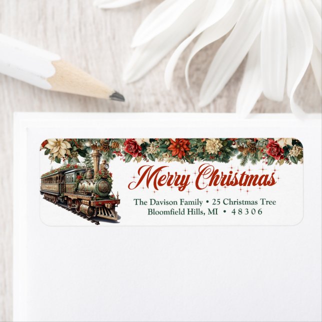 Classic vintage Christmas train red and green Label (Insitu)