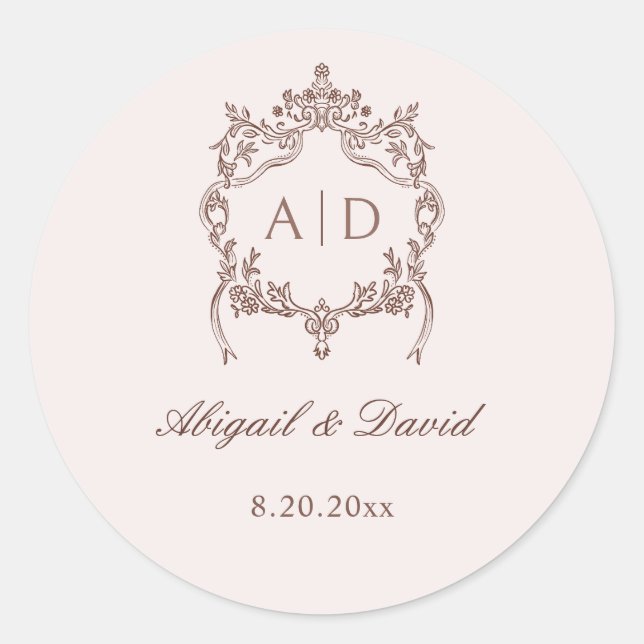 Classic Vintage Crest Wedding Monograms Round Sticker (Front)